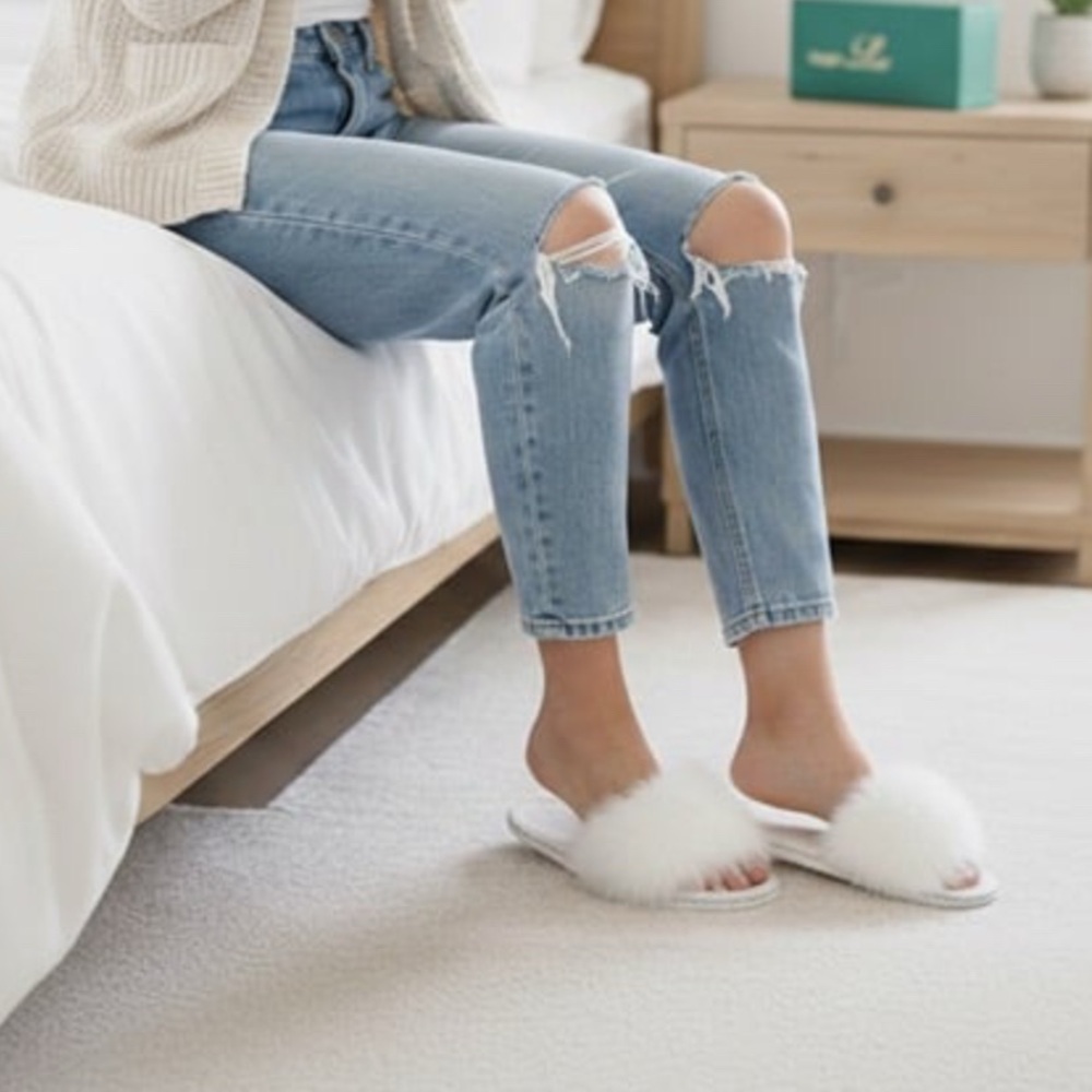 Lauren White Fluffy White Slide Sandals